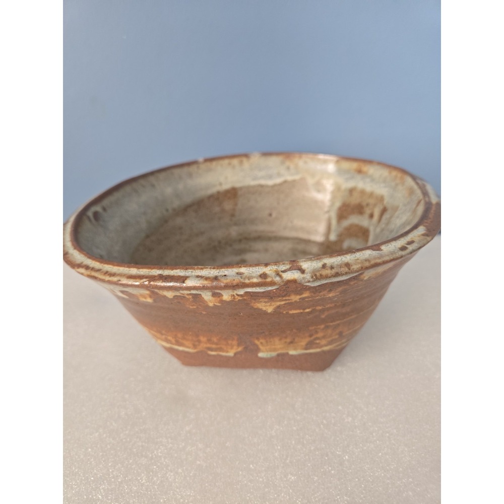 Vintage Studio Pottery Stoneware Bowl Planter Brown Drip Glaze Signed Monogramme